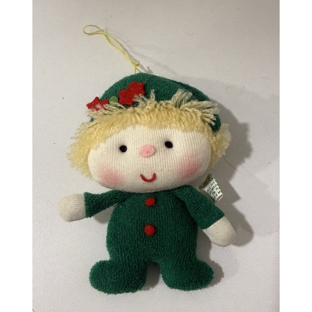Vintage Russ Berrie & Co Holiday Elf Green Terry Cloth Christmas Ornament 4"